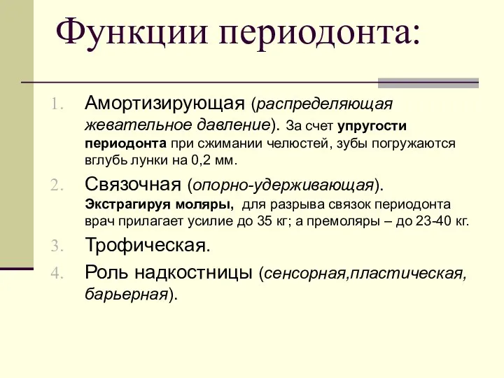 Функции периодонта: Амортизирующая (распределяющая жевательное давление). За счет упругости периодонта при