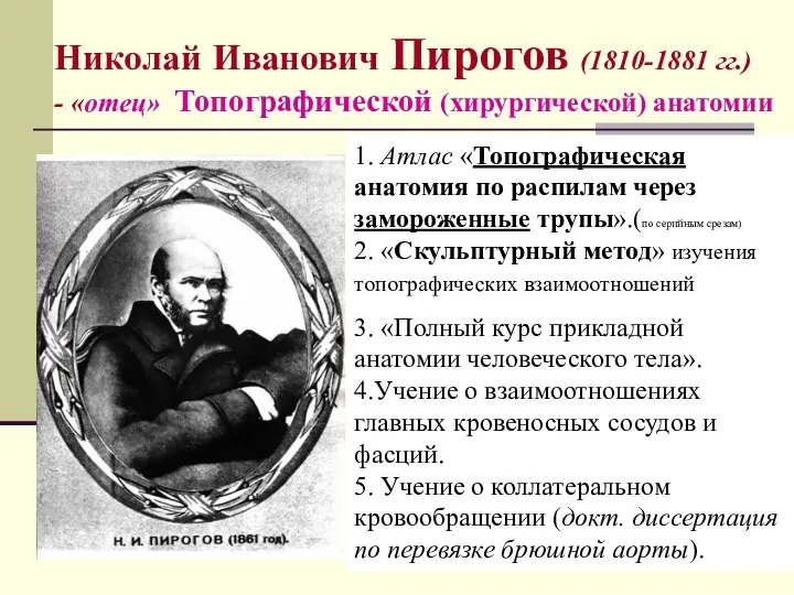 Николай Иванович Пирогов (1810-1881 гг.) - «отец» Топографической (хирургической) анатомии 1.