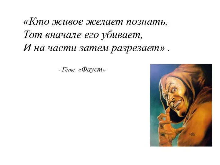 «Кто живое желает познать, Тот вначале его убивает, И на части