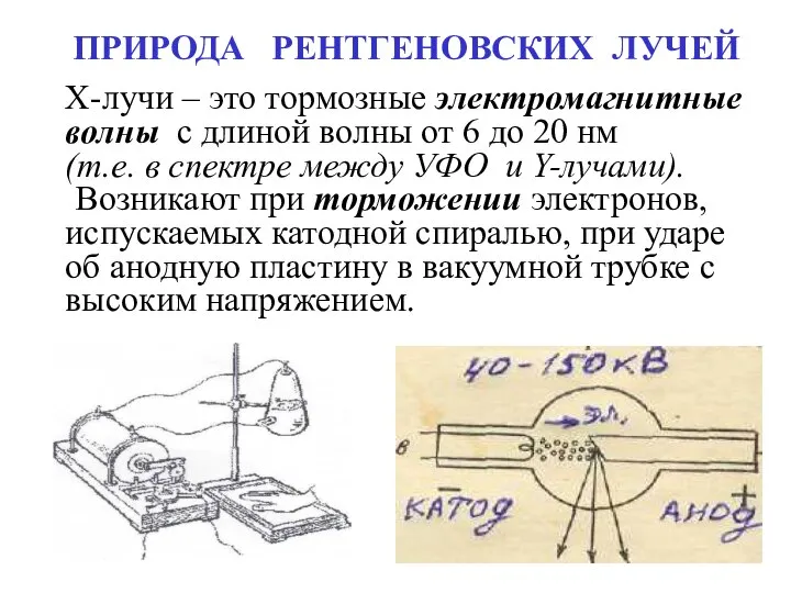 ПРИРОДА РЕНТГЕНОВСКИХ ЛУЧЕЙ Х-лучи – это тормозные электромагнитные волны с длиной