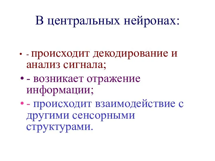 В центральных нейронах: - происходит декодирование и анализ сигнала; - возникает