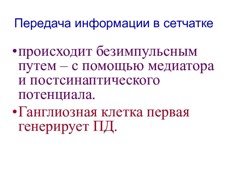 Передача информации в сетчатке происходит безимпульсным путем – с помощью медиатора