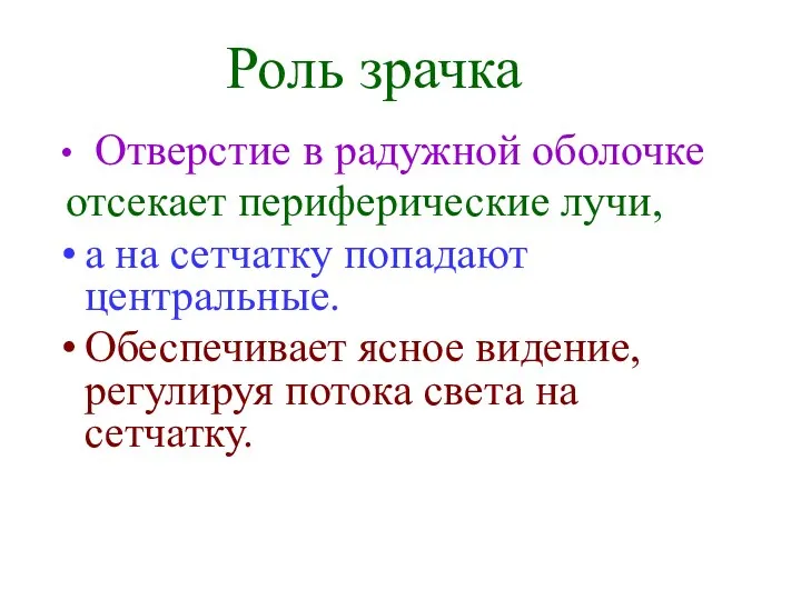 Роль зрачка Отверстие в радужной оболочке отсекает периферические лучи, а на