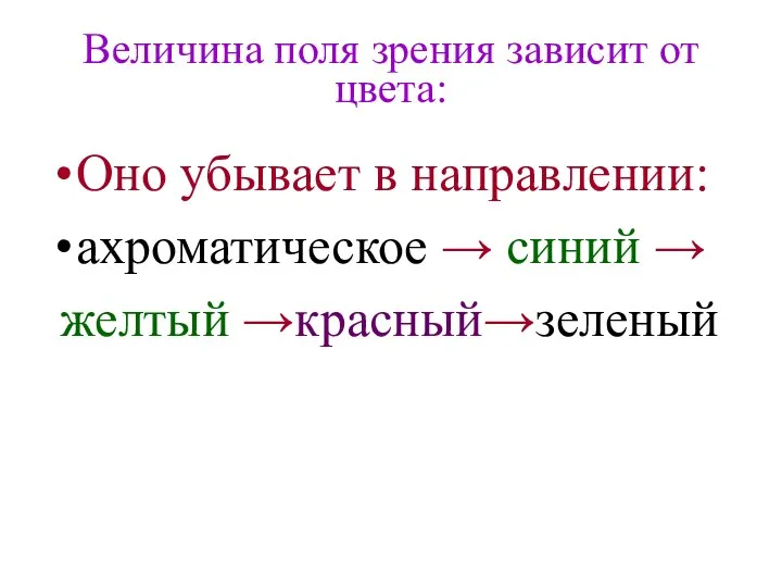 Величина поля зрения зависит от цвета: Оно убывает в направлении: ахроматическое → синий → желтый →красный→зеленый