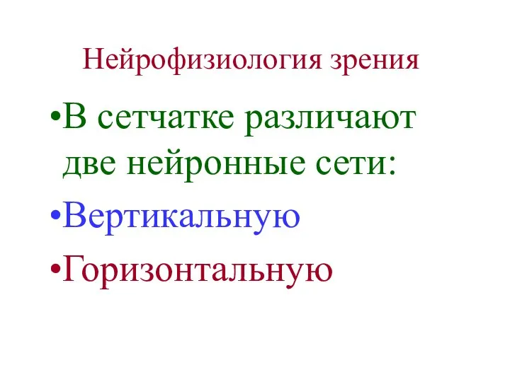 Нейрофизиология зрения В сетчатке различают две нейронные сети: Вертикальную Горизонтальную