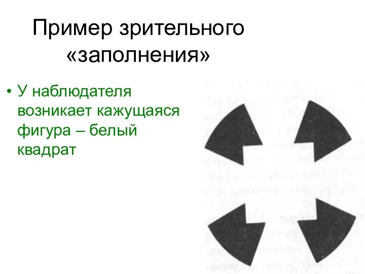 Пример зрительного «заполнения» У наблюдателя возникает кажущаяся фигура – белый квадрат