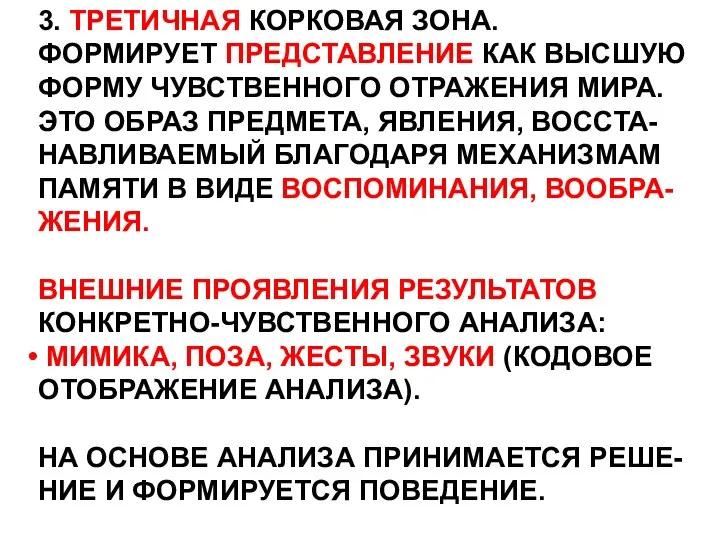 3. ТРЕТИЧНАЯ КОРКОВАЯ ЗОНА. ФОРМИРУЕТ ПРЕДСТАВЛЕНИЕ КАК ВЫСШУЮ ФОРМУ ЧУВСТВЕННОГО ОТРАЖЕНИЯ