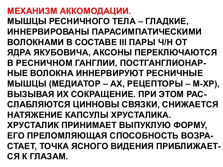 МЕХАНИЗМ АККОМОДАЦИИ. МЫШЦЫ РЕСНИЧНОГО ТЕЛА – ГЛАДКИЕ, ИННЕРВИРОВАНЫ ПАРАСИМПАТИЧЕСКИМИ ВОЛОКНАМИ В