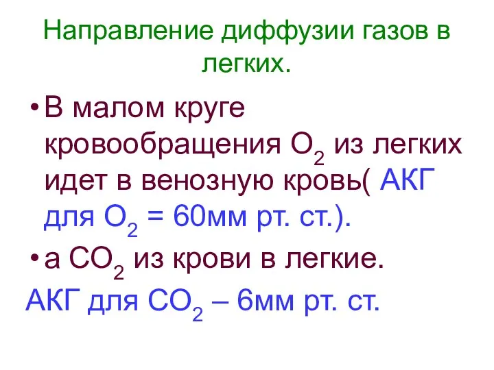 Направление диффузии газов в легких. В малом круге кровообращения О2 из