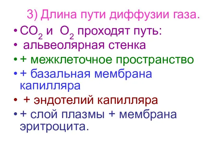 3) Длина пути диффузии газа. СО2 и О2 проходят путь: альвеолярная