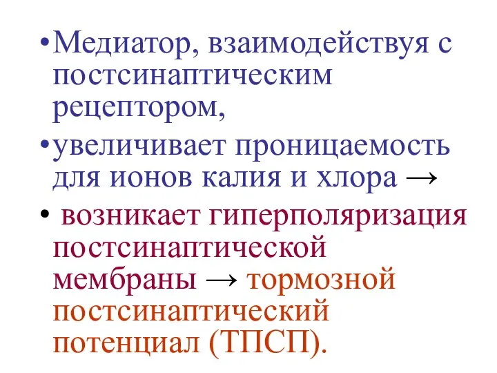 Медиатор, взаимодействуя с постсинаптическим рецептором, увеличивает проницаемость для ионов калия и