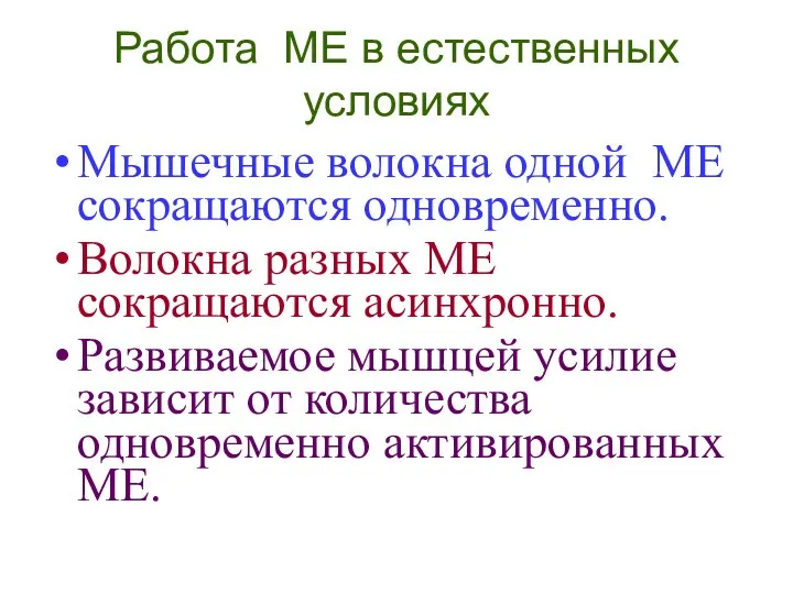 Работа МЕ в естественных условиях Мышечные волокна одной МЕ сокращаются одновременно.