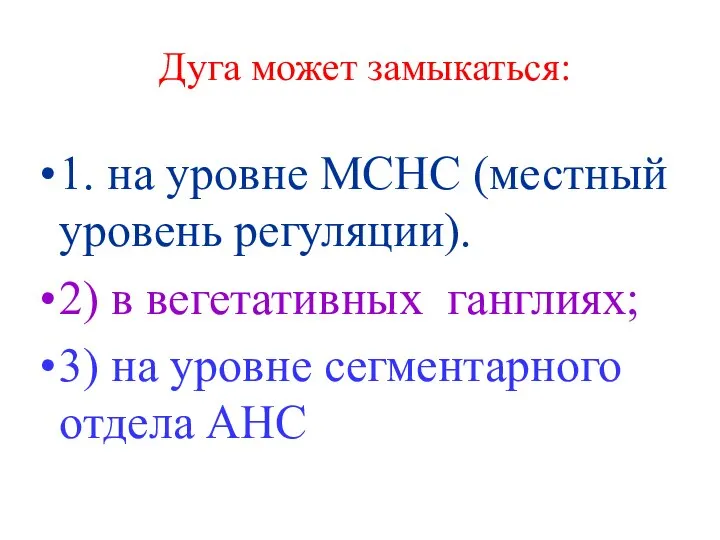 Дуга может замыкаться: 1. на уровне МСНС (местный уровень регуляции). 2)