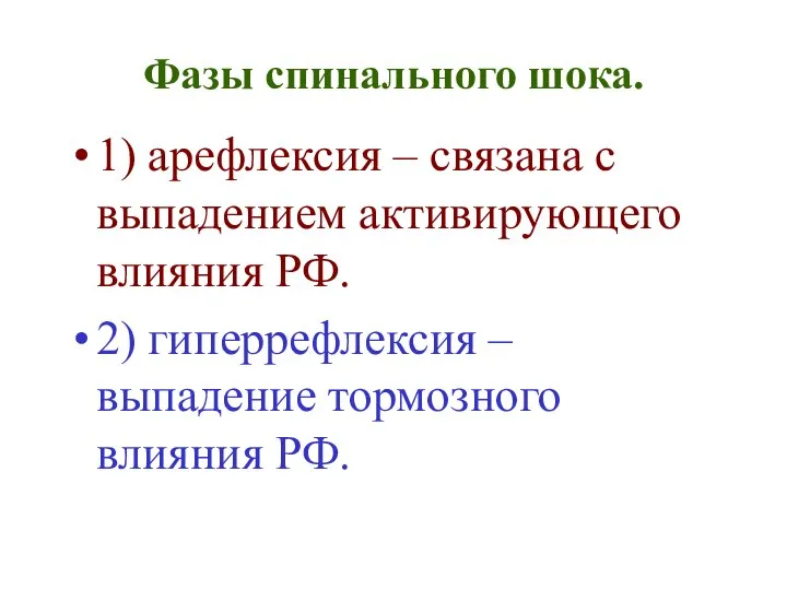 Фазы спинального шока. 1) арефлексия – связана с выпадением активирующего влияния