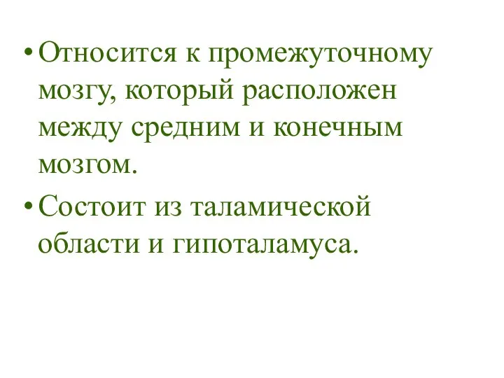 Относится к промежуточному мозгу, который расположен между средним и конечным мозгом.