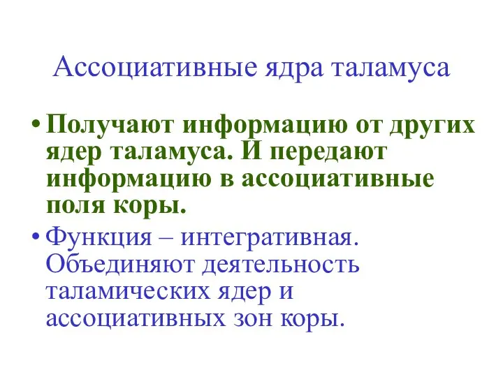 Ассоциативные ядра таламуса Получают информацию от других ядер таламуса. И передают