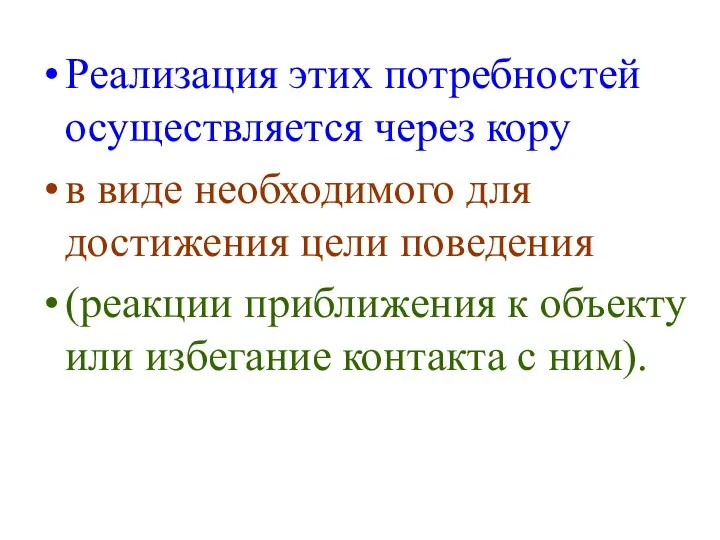 Реализация этих потребностей осуществляется через кору в виде необходимого для достижения