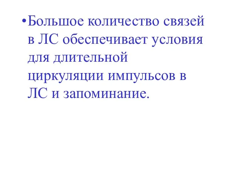 Большое количество связей в ЛС обеспечивает условия для длительной циркуляции импульсов в ЛС и запоминание.