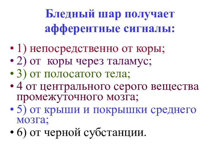 Бледный шар получает афферентные сигналы: 1) непосредственно от коры; 2) от