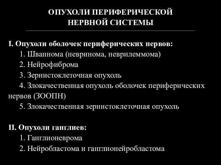 ОПУХОЛИ ПЕРИФЕРИЧЕСКОЙ НЕРВНОЙ СИСТЕМЫ _________________________________________________________________________________________________________________________________________ I. Опухоли оболочек периферических нервов: 1.