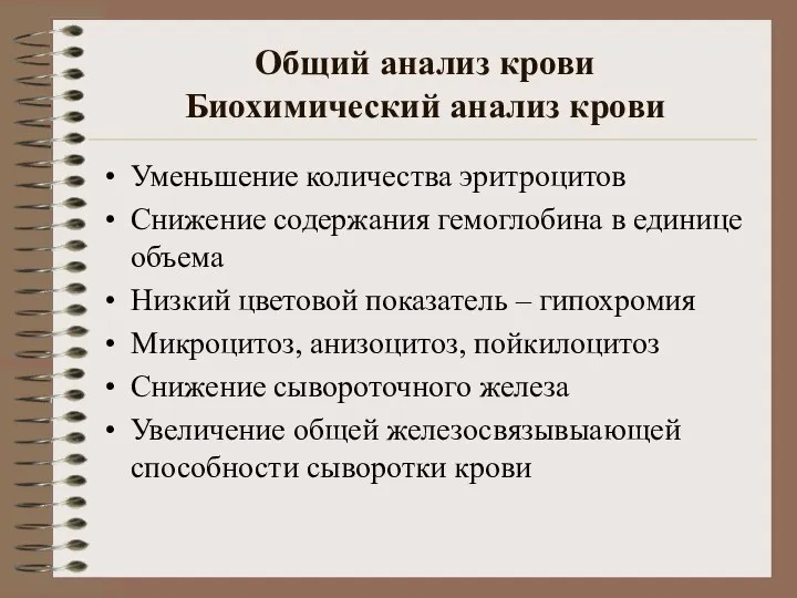 Общий анализ крови Биохимический анализ крови Уменьшение количества эритроцитов Снижение содержания