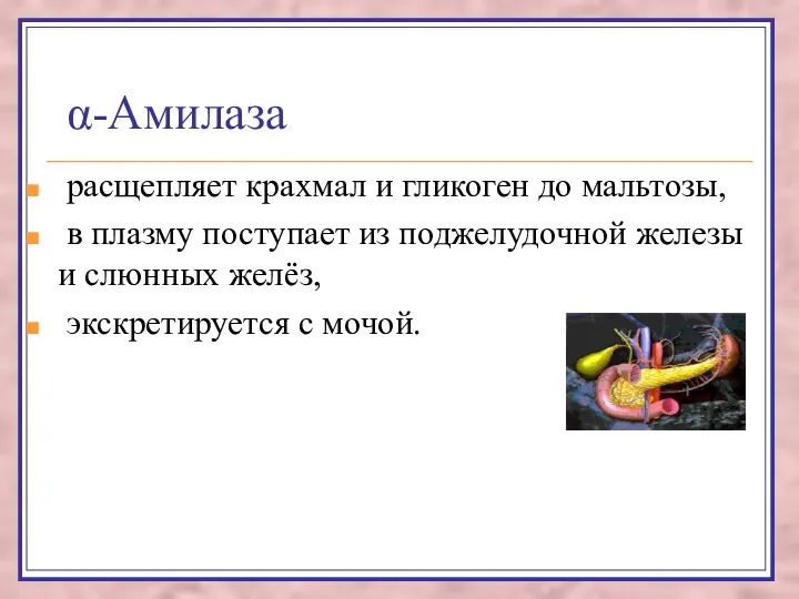 α-Амилаза расщепляет крахмал и гликоген до мальтозы, в плазму поступает из