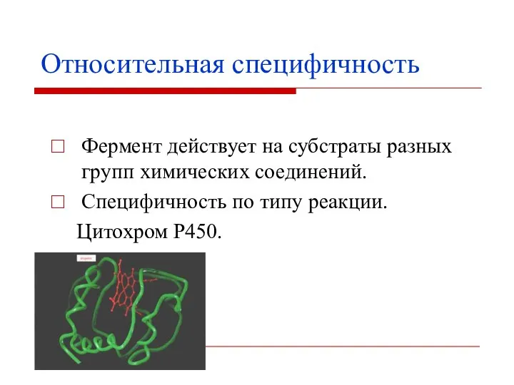 Относительная специфичность Фермент действует на субстраты разных групп химических соединений. Специфичность по типу реакции. Цитохром Р450.