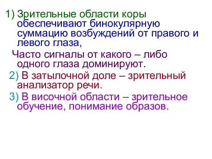 Зрительные области коры обеспечивают бинокулярную суммацию возбуждений от правого и левого