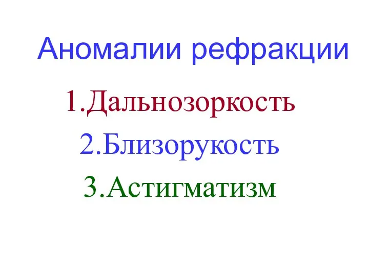 Аномалии рефракции 1.Дальнозоркость 2.Близорукость 3.Астигматизм