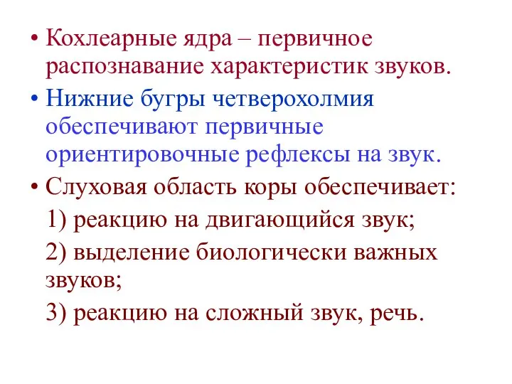 Кохлеарные ядра – первичное распознавание характеристик звуков. Нижние бугры четверохолмия обеспечивают