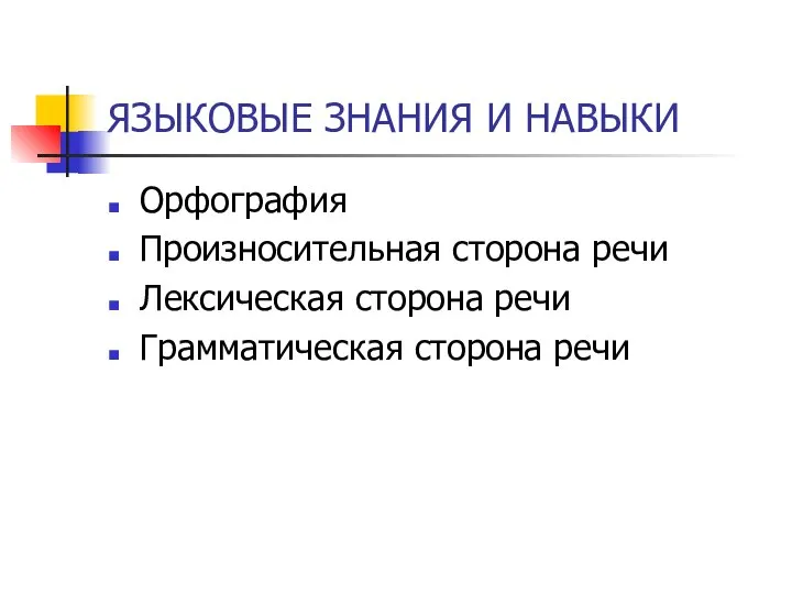 ЯЗЫКОВЫЕ ЗНАНИЯ И НАВЫКИ Орфография Произносительная сторона речи Лексическая сторона речи Грамматическая сторона речи