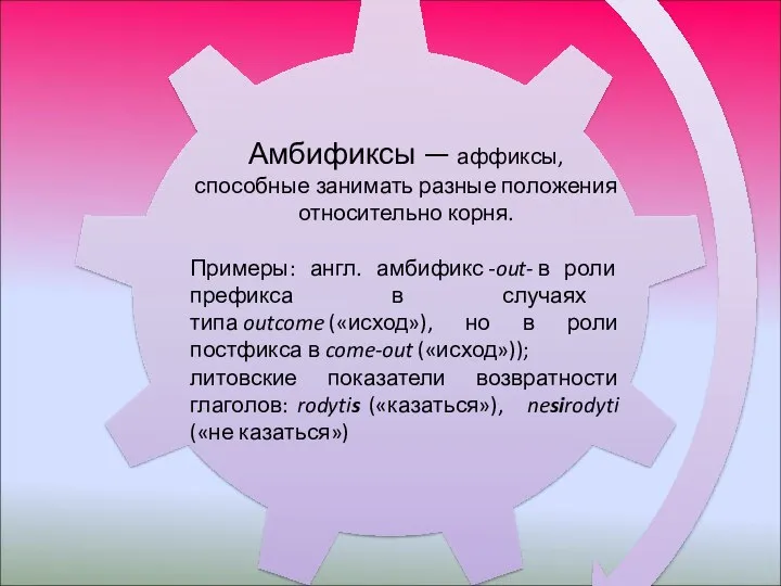 Амбификсы — аффиксы, способные занимать разные положения относительно корня. Примеры: англ.