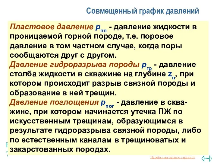 Балаба В.И. Совмещенный график давлений Пластовое давление рпл - давление жидкости