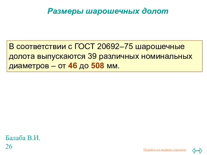 Балаба В.И. Размеры шарошечных долот В соответствии с ГОСТ 20692–75 шарошечные