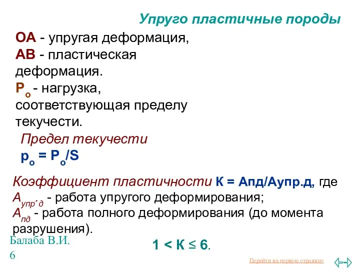 Балаба В.И. ОА - упругая деформация, АВ - пластическая деформация. Ро