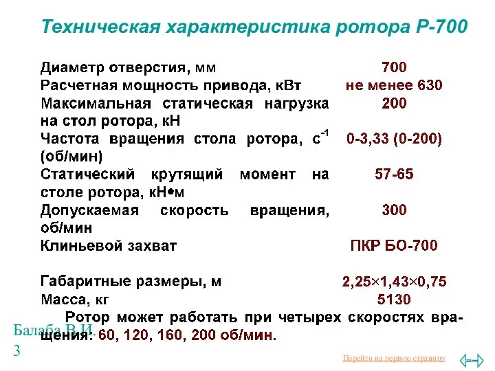 Балаба В.И. Техническая характеристика ротора Р-700