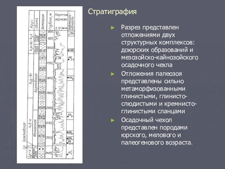 Стратиграфия Разрез представлен отложениями двух структурных комплексов: доюрских образований и мезозойско-кайнозойского