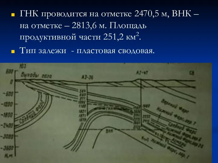 ГНК проводится на отметке 2470,5 м, ВНК – на отметке –