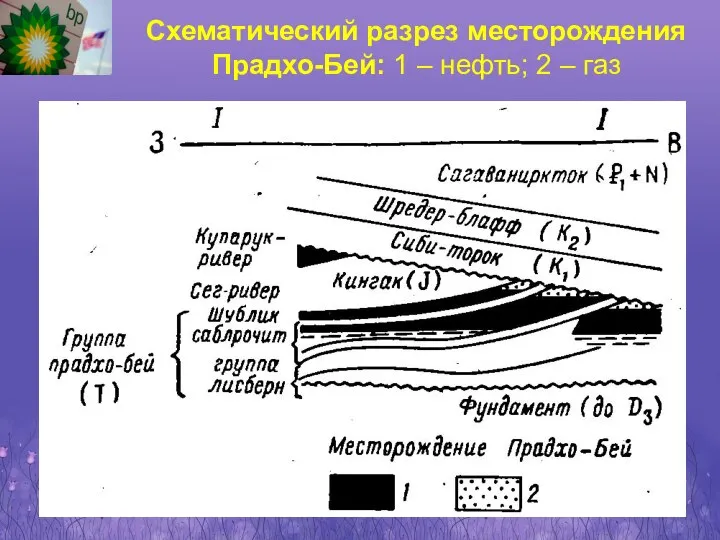 Схематический разрез месторождения Прадхо-Бей: 1 – нефть; 2 – газ