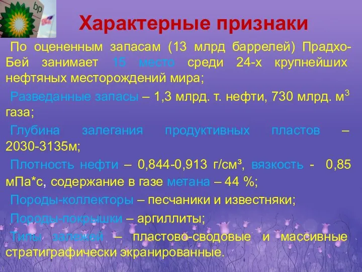 Характерные признаки По оцененным запасам (13 млрд баррелей) Прадхо-Бей занимает 15