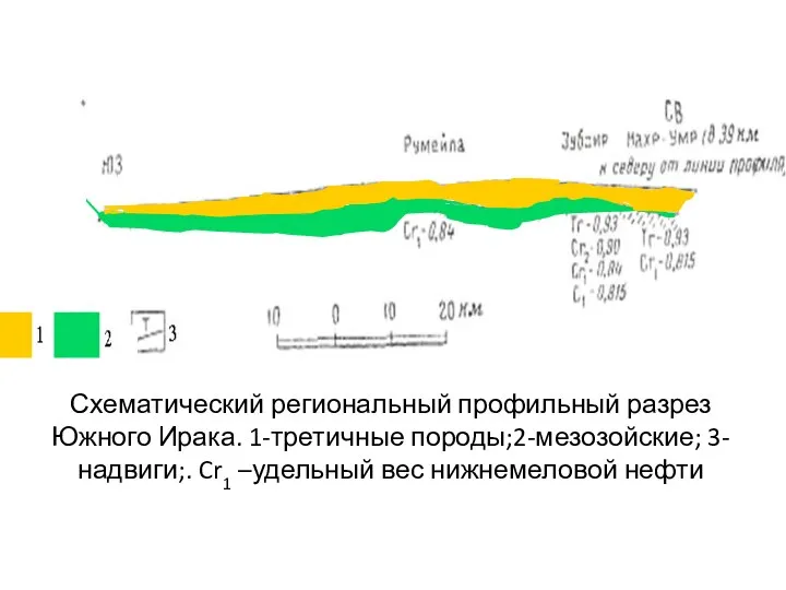 Схематический региональный профильный разрез Южного Ирака. 1-третичные породы;2-мезозойские; 3-надвиги;. Cr1 –удельный вес нижнемеловой нефти