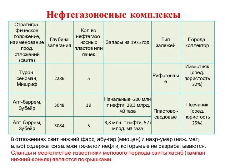 Нефтегазоносные комплексы B отложениях свит нижний фарс, абу-гар (миоцен) и нахр-умар