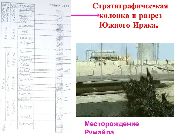 Стратиграфичес-кая колонка и разрез Южного Ирака. Месторождение Румайла