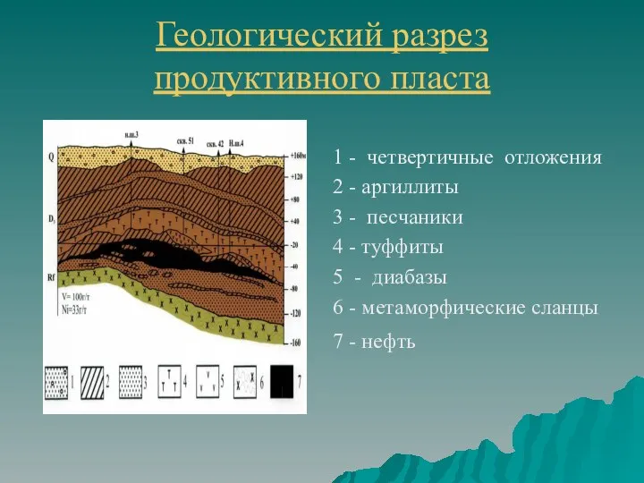 Геологический разрез продуктивного пласта 1 - четвертичные отложения 2 - аргиллиты