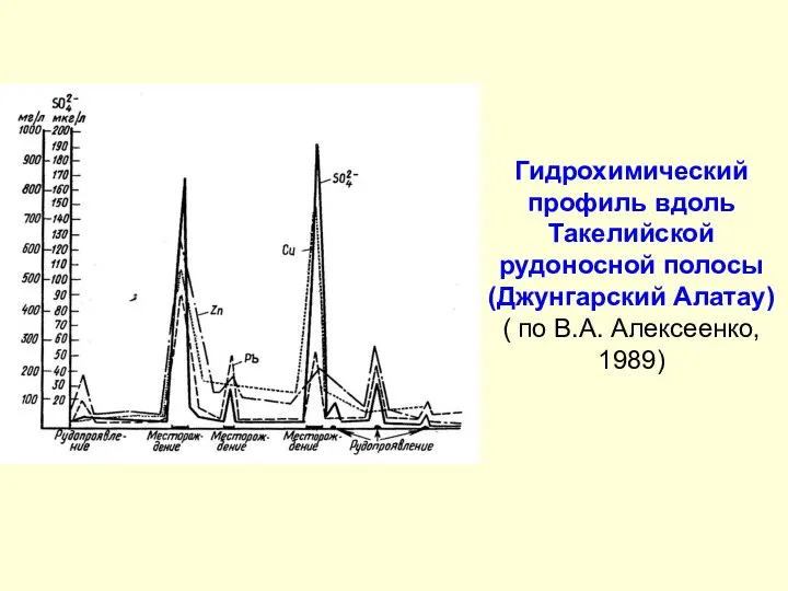 Гидрохимический профиль вдоль Такелийской рудоносной полосы (Джунгарский Алатау) ( по В.А. Алексеенко, 1989)