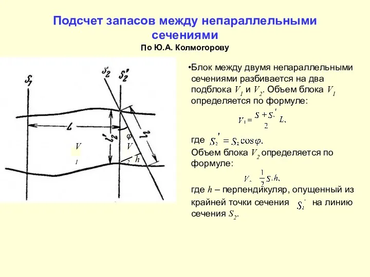 Подсчет запасов между непараллельными сечениями По Ю.А. Колмогорову Блок между двумя