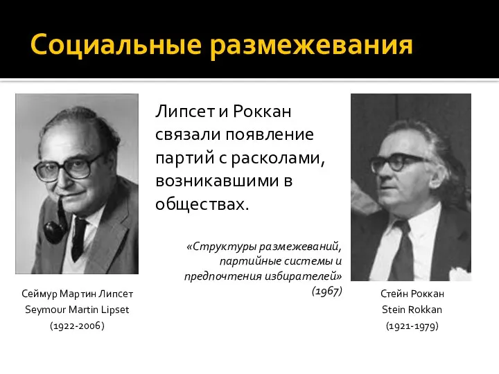 Социальные размежевания Липсет и Роккан связали появление партий с расколами, возникавшими