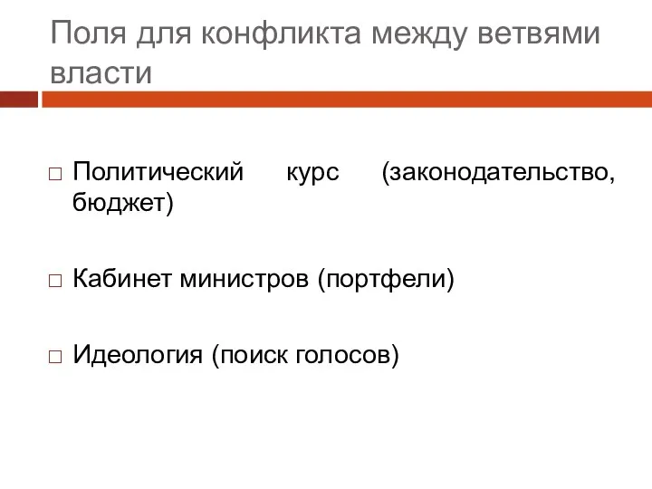 Поля для конфликта между ветвями власти Политический курс (законодательство, бюджет) Кабинет министров (портфели) Идеология (поиск голосов)