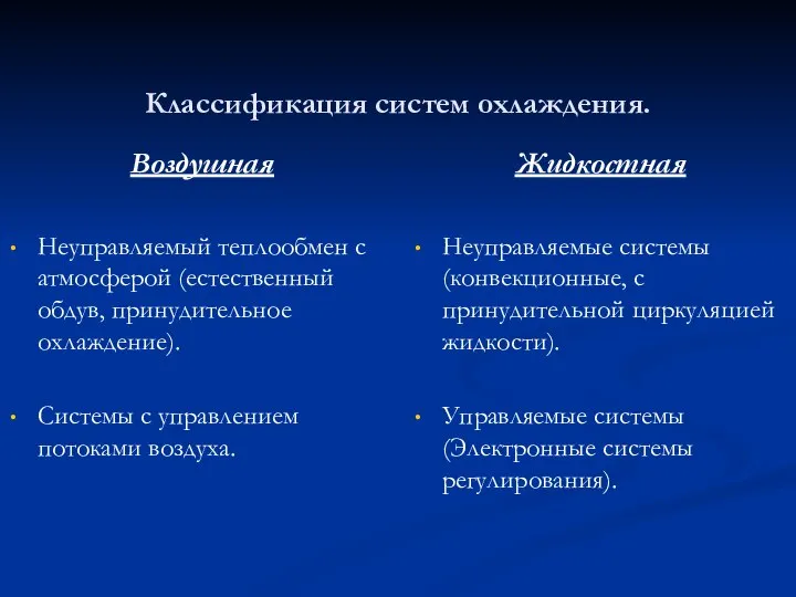 Классификация систем охлаждения. Воздушная Неуправляемый теплообмен с атмосферой (естественный обдув, принудительное