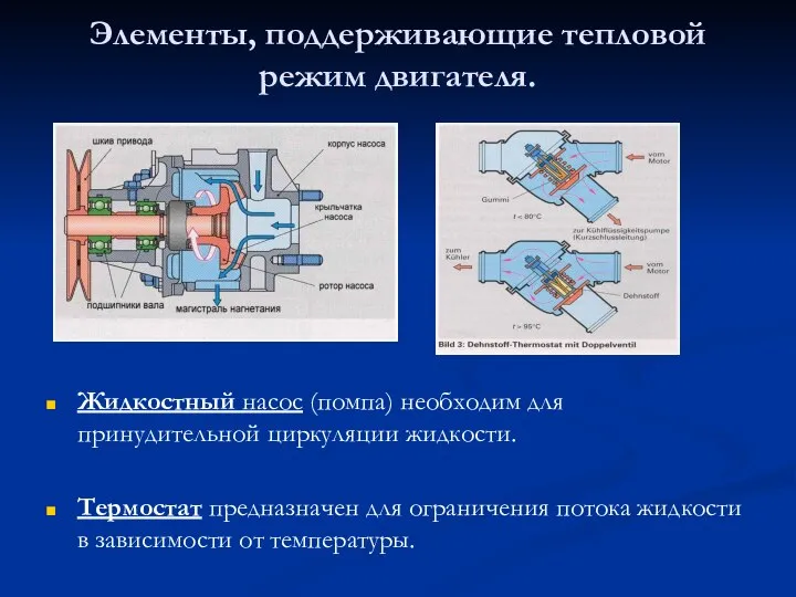 Элементы, поддерживающие тепловой режим двигателя. Жидкостный насос (помпа) необходим для принудительной